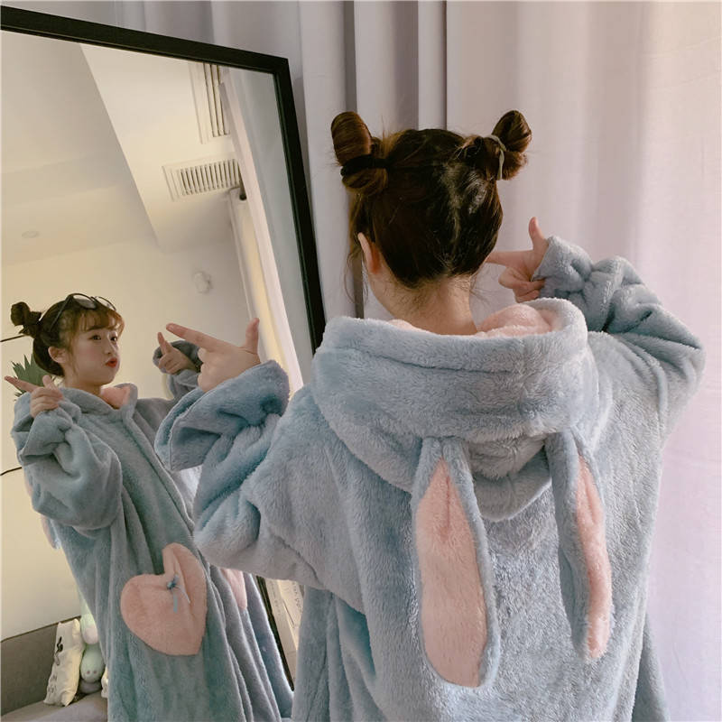 Women Robes Rabbit Ear Sweet Lovely Heart Bow Coral Fleece Home Soft Wear Females Leisure Chic Trendy Warm Bathrobe Lounge