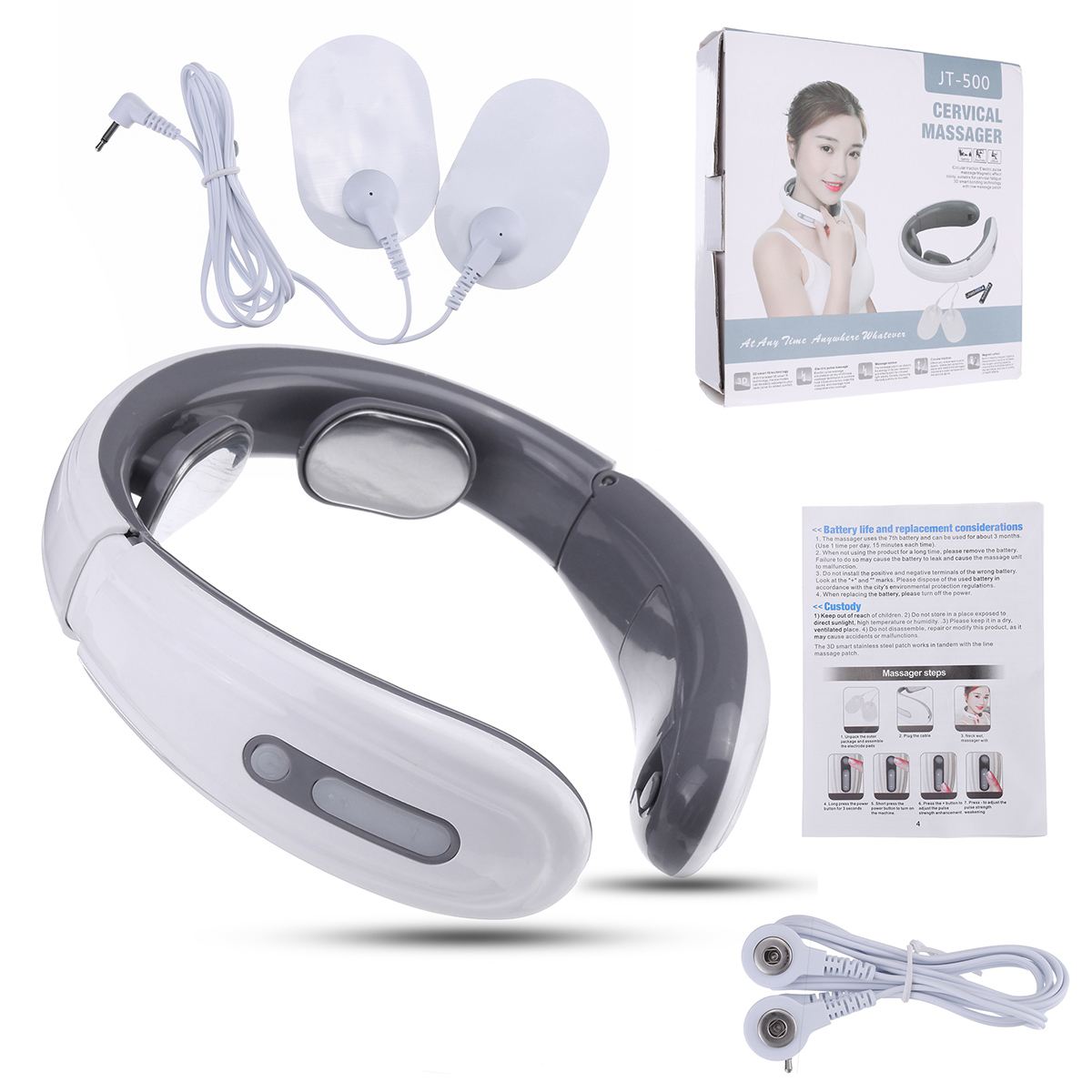 6 Modes 9 Levels Electric Neck Massager Pulse Cervical Vertebra Relax Lumbar Leg Massage Device: 2 Head White