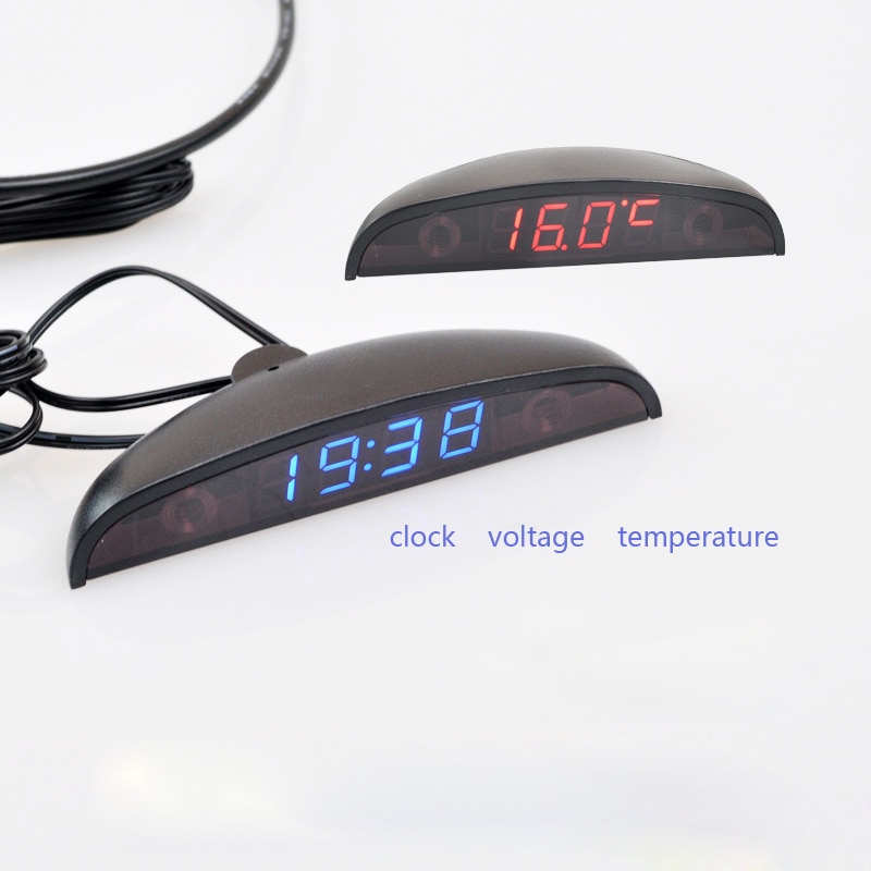 3 in 1 Auto Digitale Thermometer Auto Voltmeter Klok Volt Temperatuur Monitor 12 V 24 V Outdoor Indoor Led rood/blauw DC8-30V