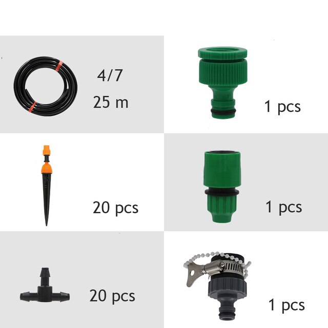 Micro Drip Plant Watering Kit DIY Garden Irrigation Mist Cooling System with Adjustable Nozzles and Water Timer Package: 25M
