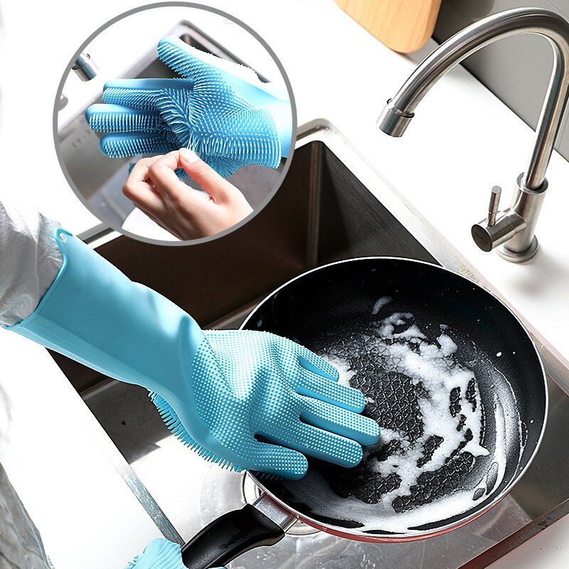 Guantes de goma para limpieza de lavavajillas, manoplas mágicas de silicona para lavar platos, estropajo para el hogar, cocina, herramienta de limpieza, 1 par