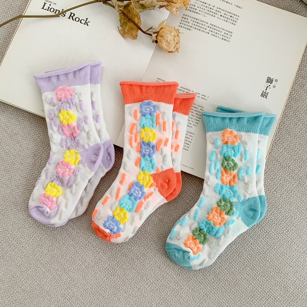 Calzini estivi a bolle per ragazze bordi arrotolati creativi Design fiori calzino per bambini calzino corto in morbido cotone traspirante per bambini 3 paia