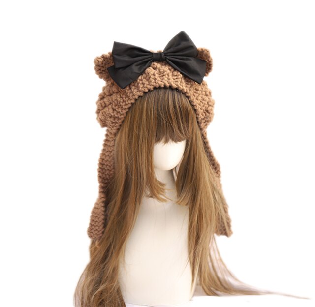 Handgemaakte Lolita Kawaii Meisje Kameel Beer Oor Met Strik Warme Wollen Muts Winter Ear Muff Gebreide Cap D559: Default Title