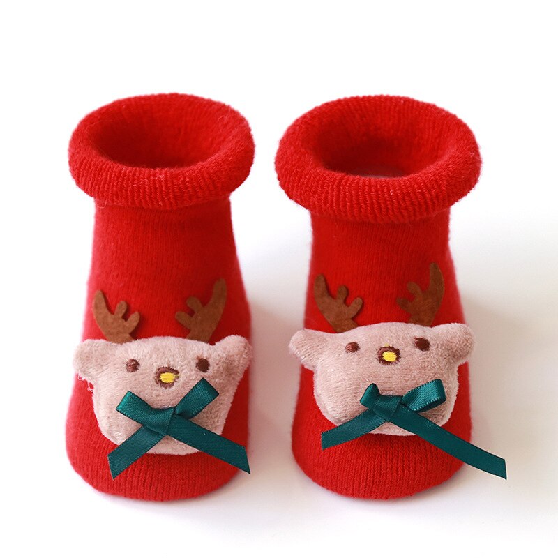 Navidad bebé Navidad calcetines algodón Terry piso calcetines silicona antideslizante bebé niñas niño invierno calcetines calientes: Rojo / 0 to 1Years