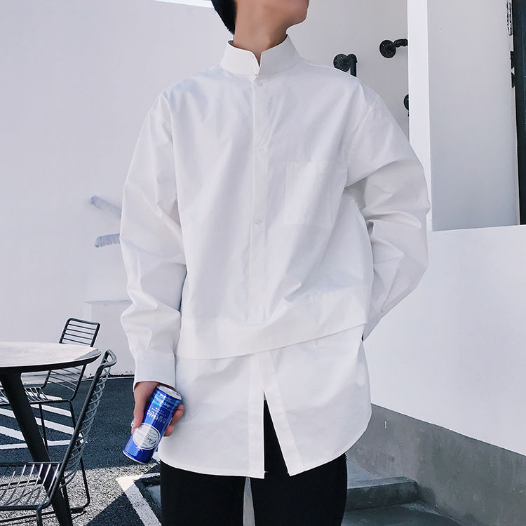 Forår og efterår ungdom populær personlighed løs ensfarvet standerkrave langærmet skjorte casual top m-xl: Hvid / L