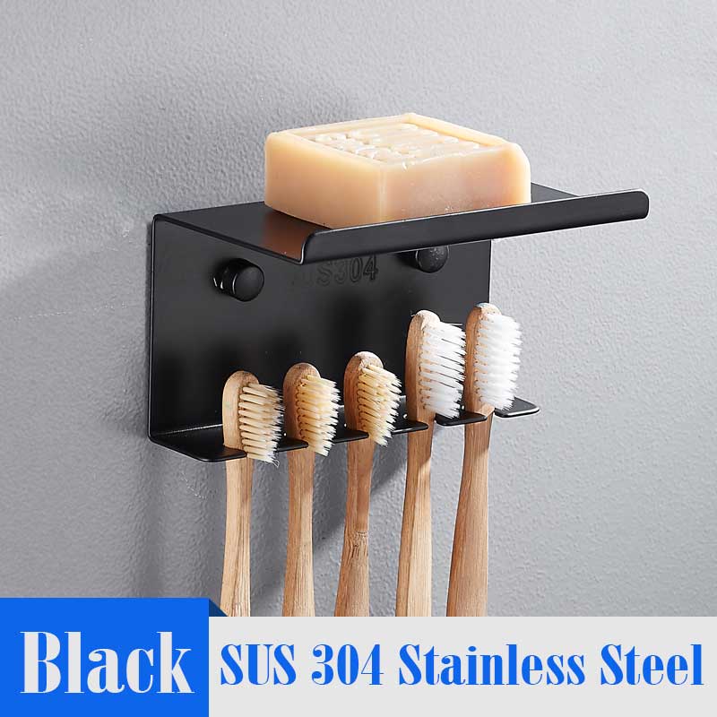MEIFUJU Black Bathroom Shelves SUS304 Stainless Steel Toothbrush Holder with shelf phone Dish Wall-mounted Bathroom Accessories: Black