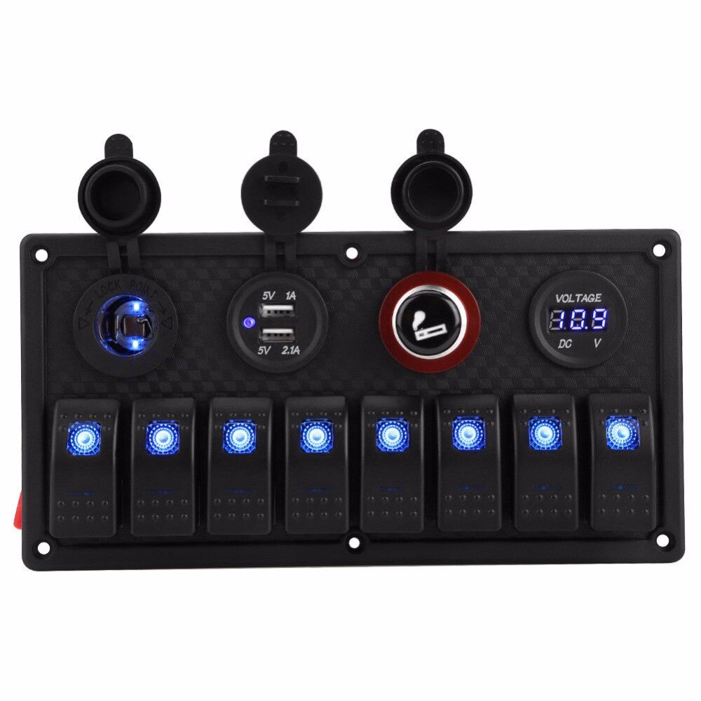 Marine Boat Rocker Switch Panel 8 Gang Waterproof ON Off Toggle Switches with Digital Voltage Display 3.1A Double USB