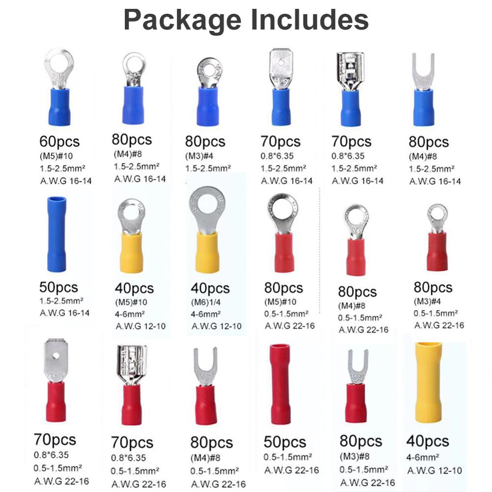 1200PCS Insulated Cable Connector Electrical Wire Assorted Crimp Spade Butt Ring Fork Set Ring Lugs Rolled Terminals Kit