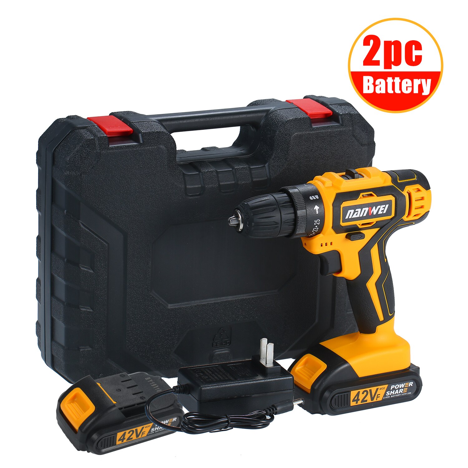 2-Speed Cordless Drill Driver Li-ion Battery Fast Charger 25+1 Clutch Max 35Nm Torque Variable Speed with LED Light Drilling