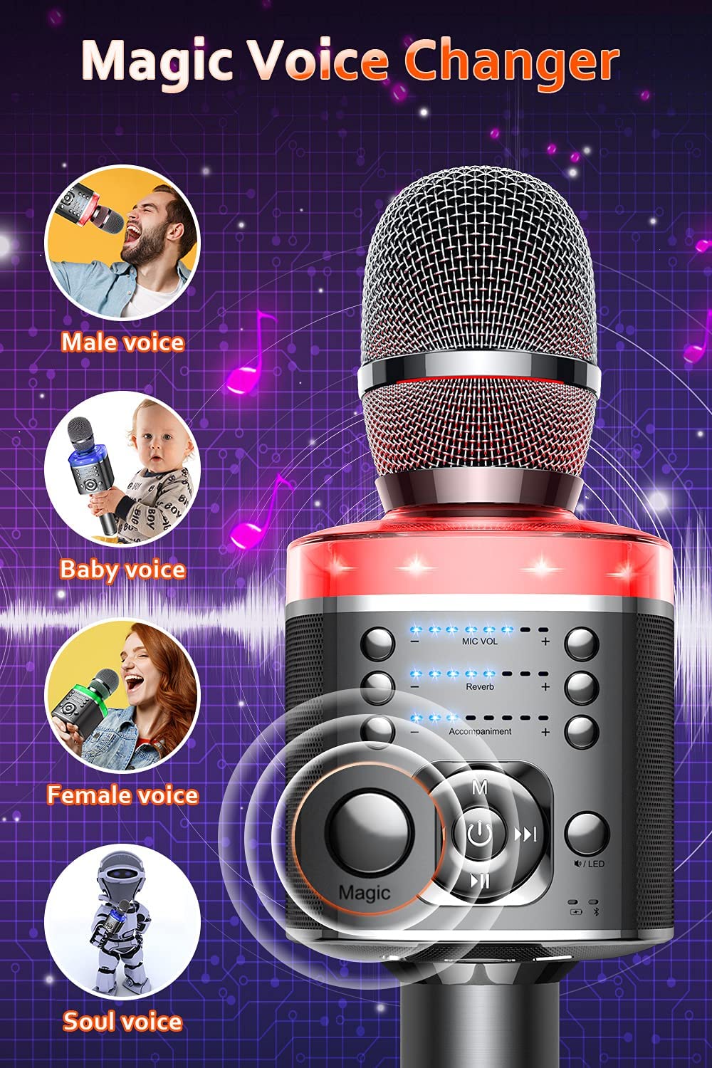 Mikrofon do karaoke Bezprzewodowy mikrofon Bluetooth z magicznym dźwiękiem LED Przenośna maszyna do śpiewania dla domu KTV Party Prezent dla dorosłych/dzieci