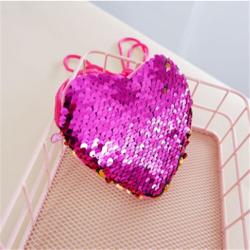 Sequins Loving Heart Kids Coin Purses Girls Mini Messenger Bag Shoulder Bag Ladies Small Sequin Coin Purse Child Bag: Rose red