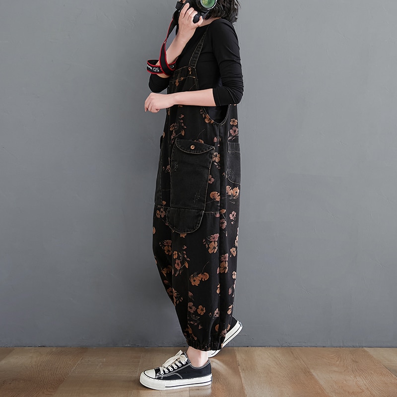 Losse Jeans Zwarte Jumpsuit Vrouwen Casual Oversized Baggy Dames Broek Grote Zakken Print Bloemen Denim Overalls Bandjes Jean Rompertjes