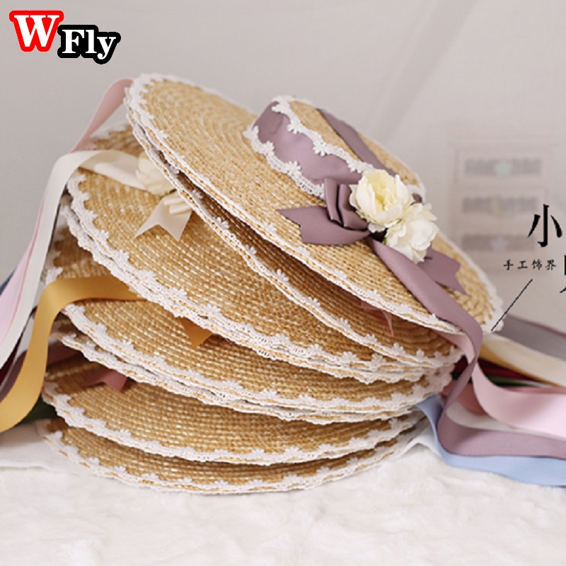 Chapeau de soleil en paille pour femmes et filles, japonais, Lolita, fait à la main, ruban de fleurs en dentelle, nœud papillon à large bord, chapeaux de paille élégants