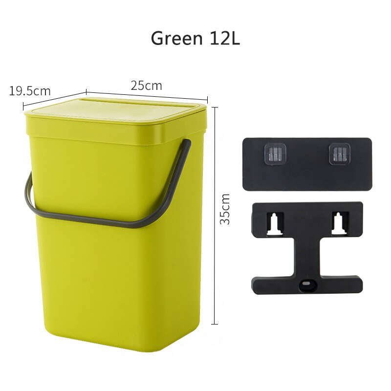 Kitchen Rubbish Bin Wall Mounted Trash Can Home Kitchen Cabinet Door Hanging Trash Garbage Bin Can Rubbish Container Trash Can: Green 12L