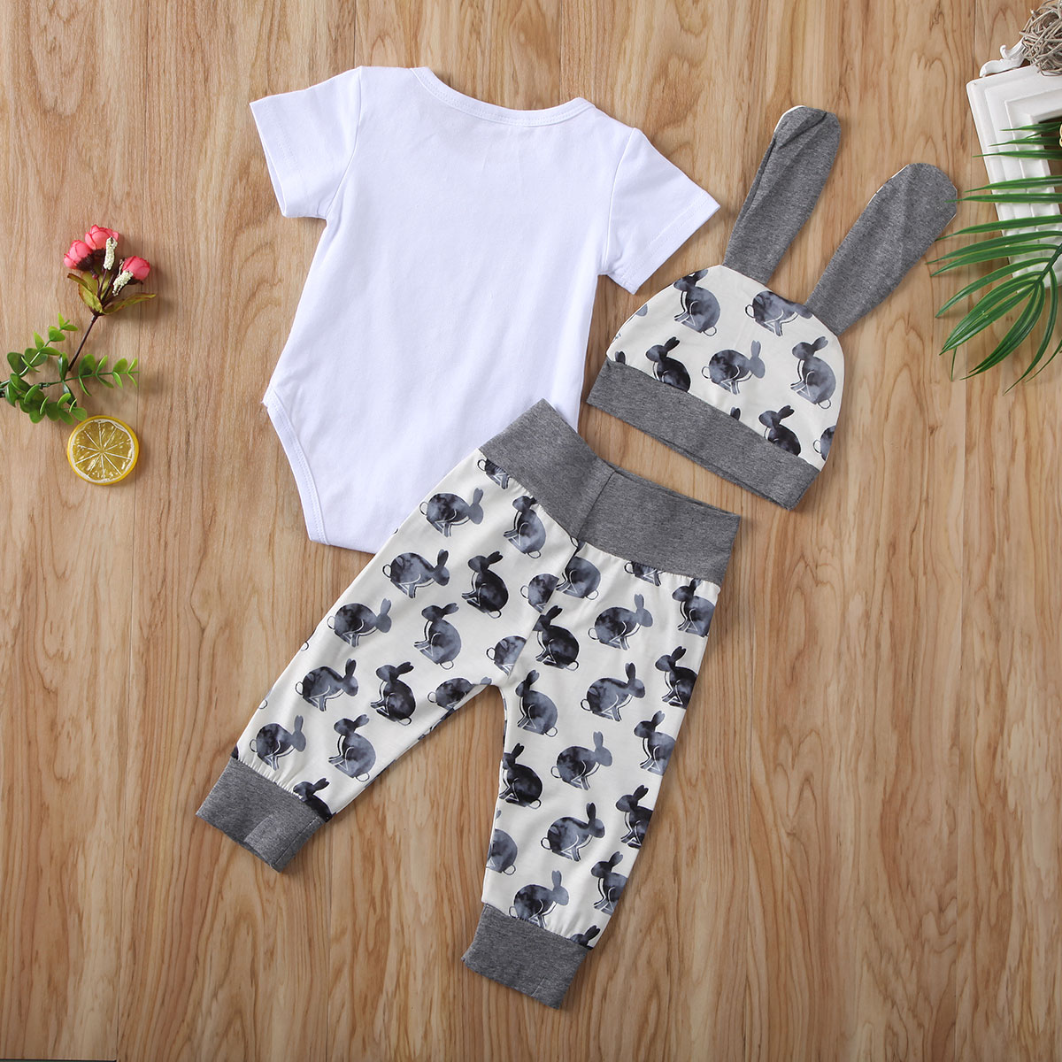 3PCS My First Easter Toddler Newborn Baby Girl Boy Easter Outfits Set Short Sleeve Bunny Tops+Print Pants+Hat Summer Clothes Set