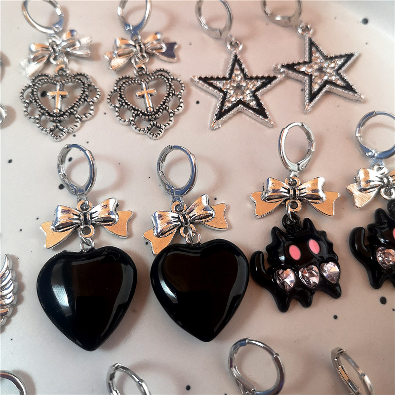 Gothic Jahrgang süße Schleife rosa Erdbeere Herz Stern Anhänger Ohrringe Egirl gotisch 2000er Jahre Y2K EMO Rave Schmuck Szene Zubehör