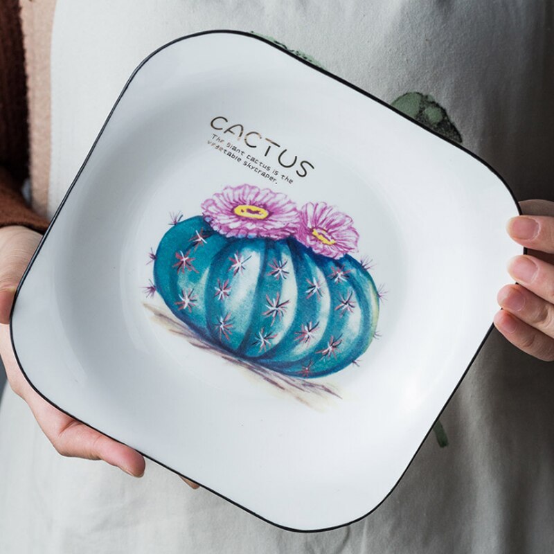 Vierkant porseleinen bord, cactus, dessertbord, broodbord, fruitsaladebord, scandinavisch ontbijtbord, botervloot, keukenservies