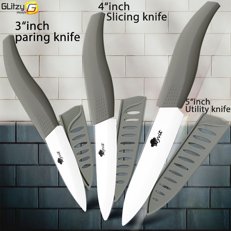 Ceramic Knife 3 4 5 inch Set Zirconia Black Blade Kitchen Chef Knives Three Piece Set Fruit Vegetable Color Anti-Slip Handle: 345 WHITE GREY