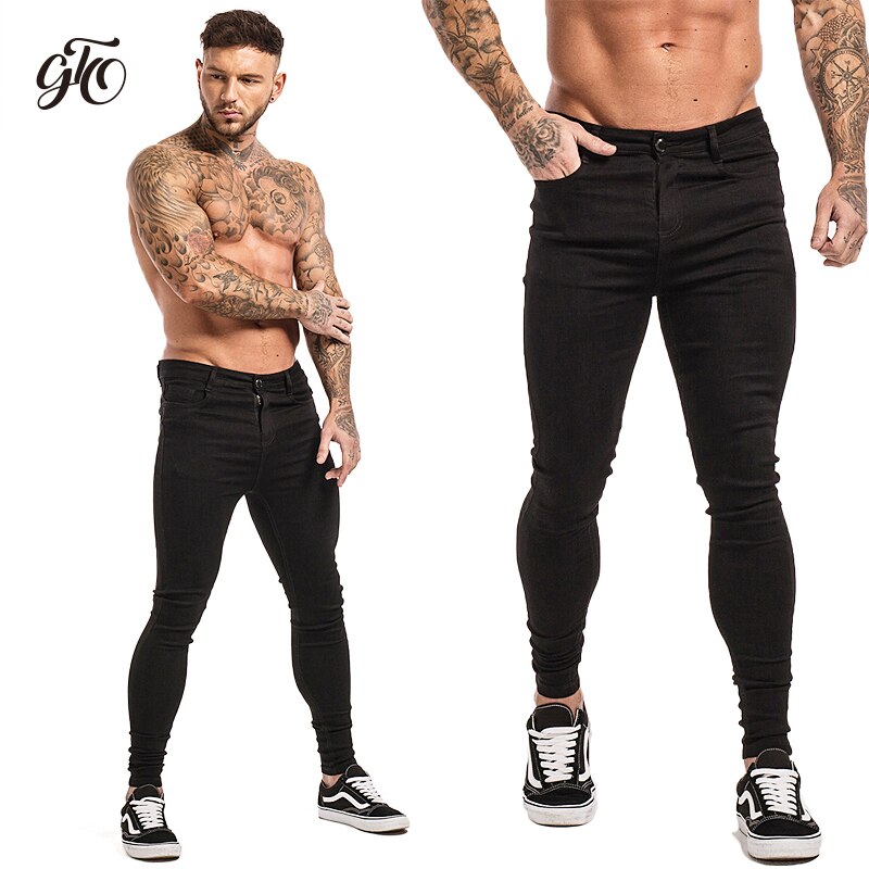 GINGTTO Jeans Men Elastic Waist Skinny Jeans Men Stretch Ripped Pants Streetwear Mens Denim Jeans Blue: black zm01 / 28