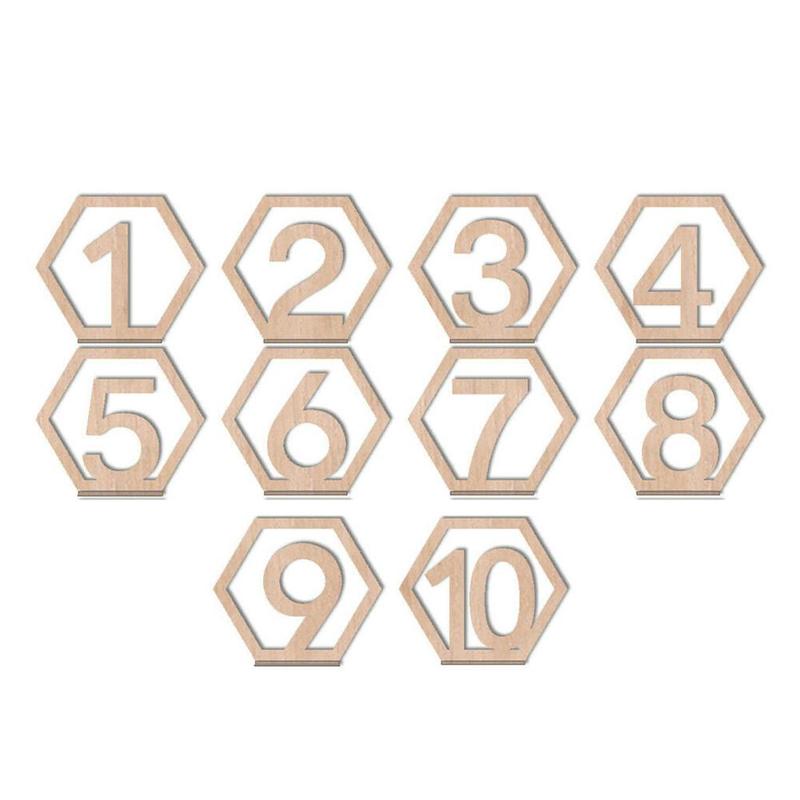 1-10 nummer träskyltar bröllop hexagon bord nummer trä förlovningsnummer skylt rustika bröllopsnummer bordssits  m8 k 9