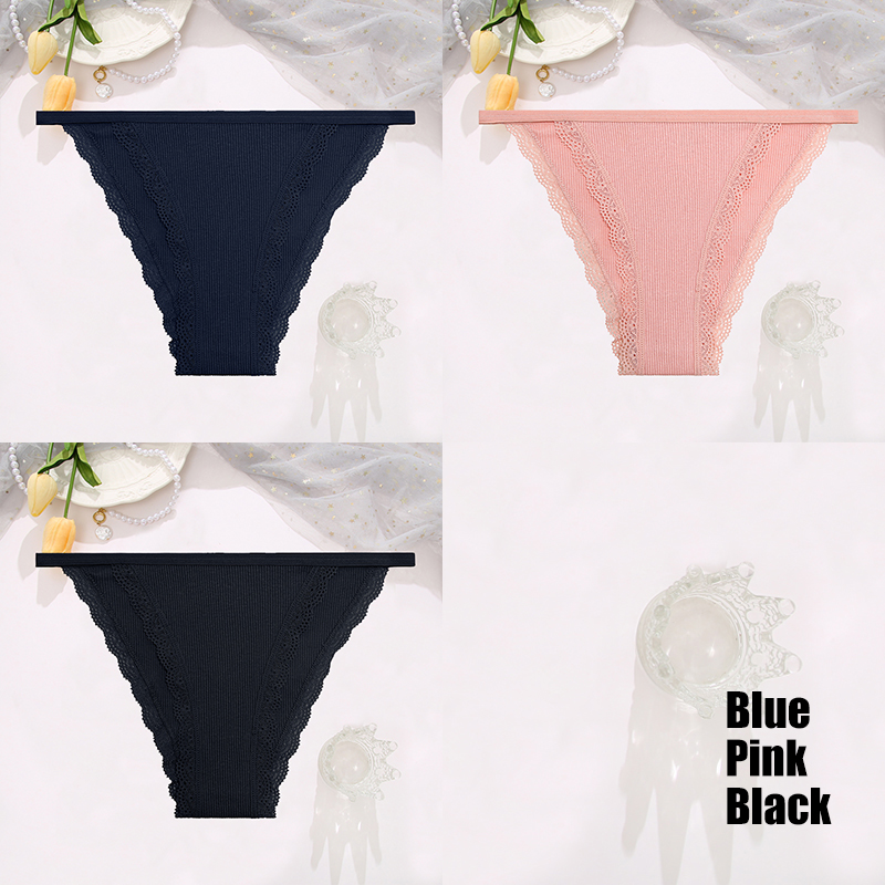 Finetoo 3 stks/set Sexy Kant Katoenen Slips Vrouwen Solid Comfortabele Slipje Vrouwelijke Zacht Ondergoed Ademend Intimates Lingerie: S / Donkergrijs