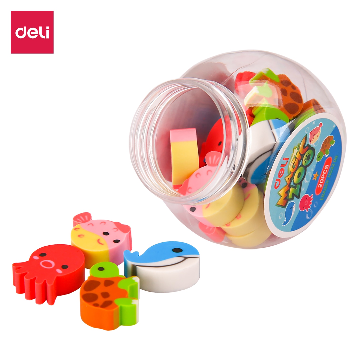 Deli Eraser 1 Tube(20 pcs) Cute Kawaii lovely animal Set Stationery color School Office Erase Supplies Kids EH03206