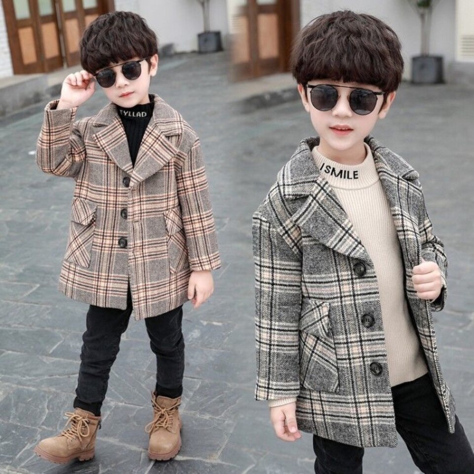 Herfst Winter Wollen Jassen Jas Kids Jongens Bovenkleding Casual Warm Turn-Down Kraag Tiener Kinderen Plaid Jassen Voor 3-12 Jongen
