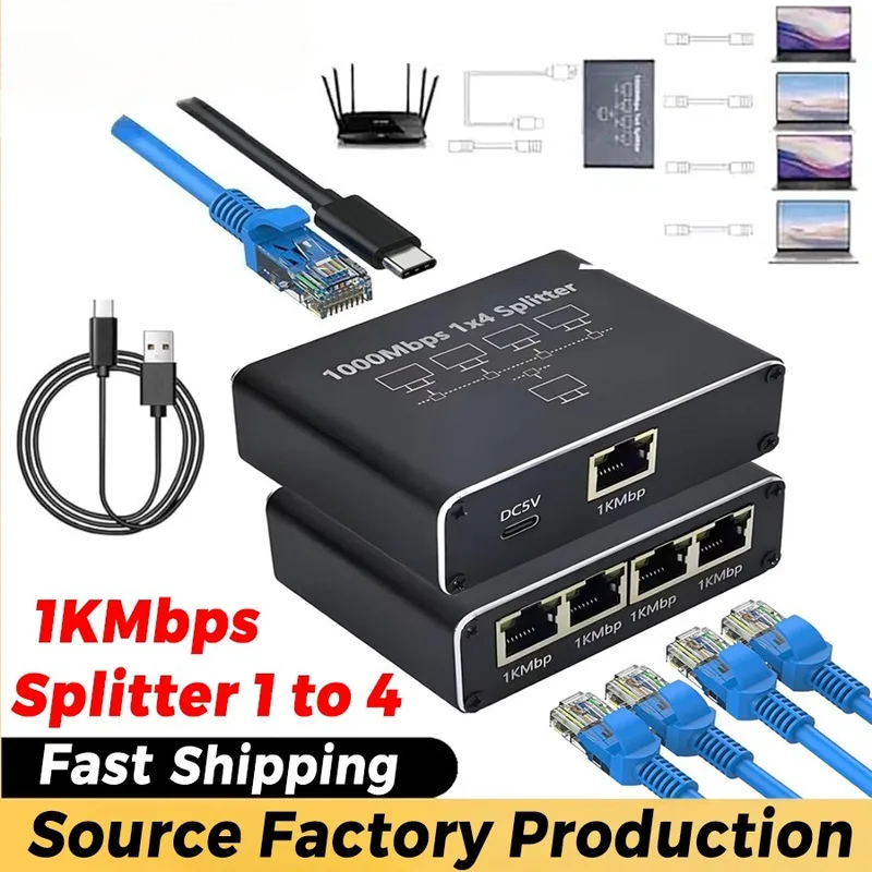 Adaptador de Extensão Gigabit Ethernet RJ45, Conector de Rede 1000Mbps, Divisor de LAN 1 para 2/3/4 para Roteador e Laptop