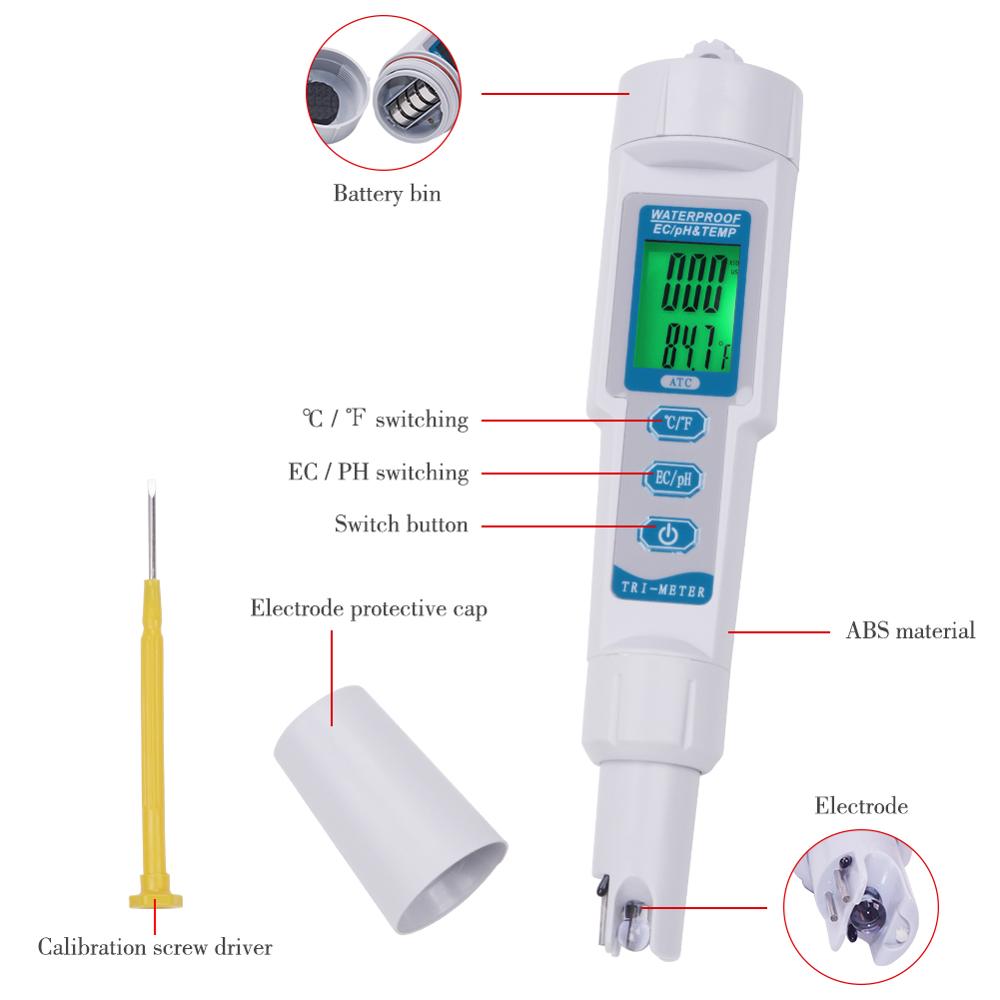 3-in-1 PH Water Test Pen with Replaceable probe PH/EC/TEMP Acidity Meter Drinking Water Analyzer