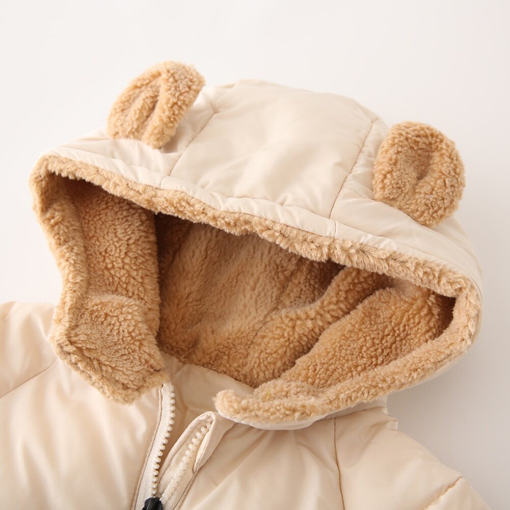 Winter Baby Kids Down Parka Pure Kleur Capuchon Gewatteerde Jas Jas Schattige Beer Jongens Meisjes Fleece Uitloper Jas