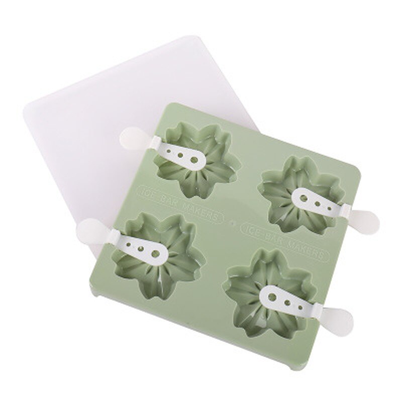 Cute Cartoon Flower Ice Cream Mold 4-hole Ice Tray Tubs Popsicle Maker Kitchen DIY Tools Cube Mold with Lid: Flower Green