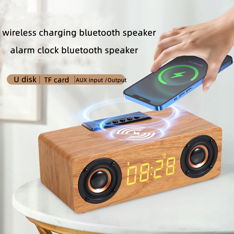 Home theater wooden TV sound bar computer bluetooth speaker subwoofer Fm radio Wireless charging Alarm clock caixa de som