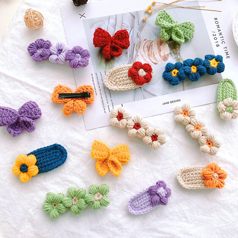 Horquillas con lazo de flores para bebé, pinzas para el pelo de lana tejidas a mano, accesorios para el cabello de niña pequeña, accesorios para el invierno