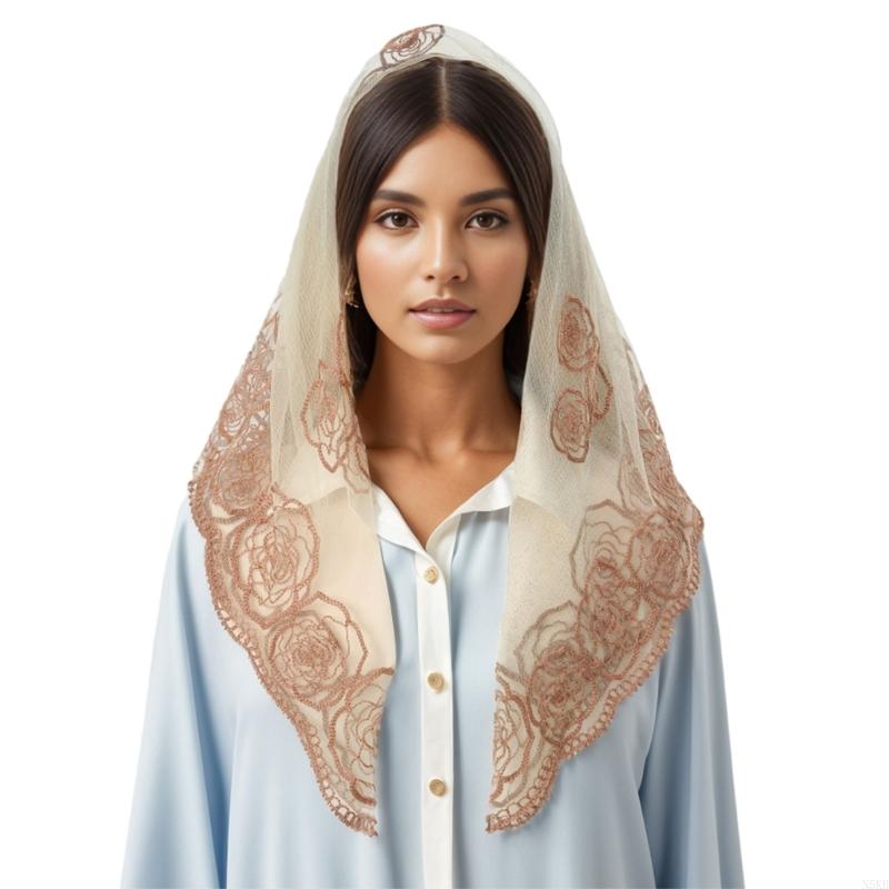 N5kb elegante renda mantilla lenço cabeça para casamento tradicional rendado flor cachecol cobertura cabeça para capela: Bege