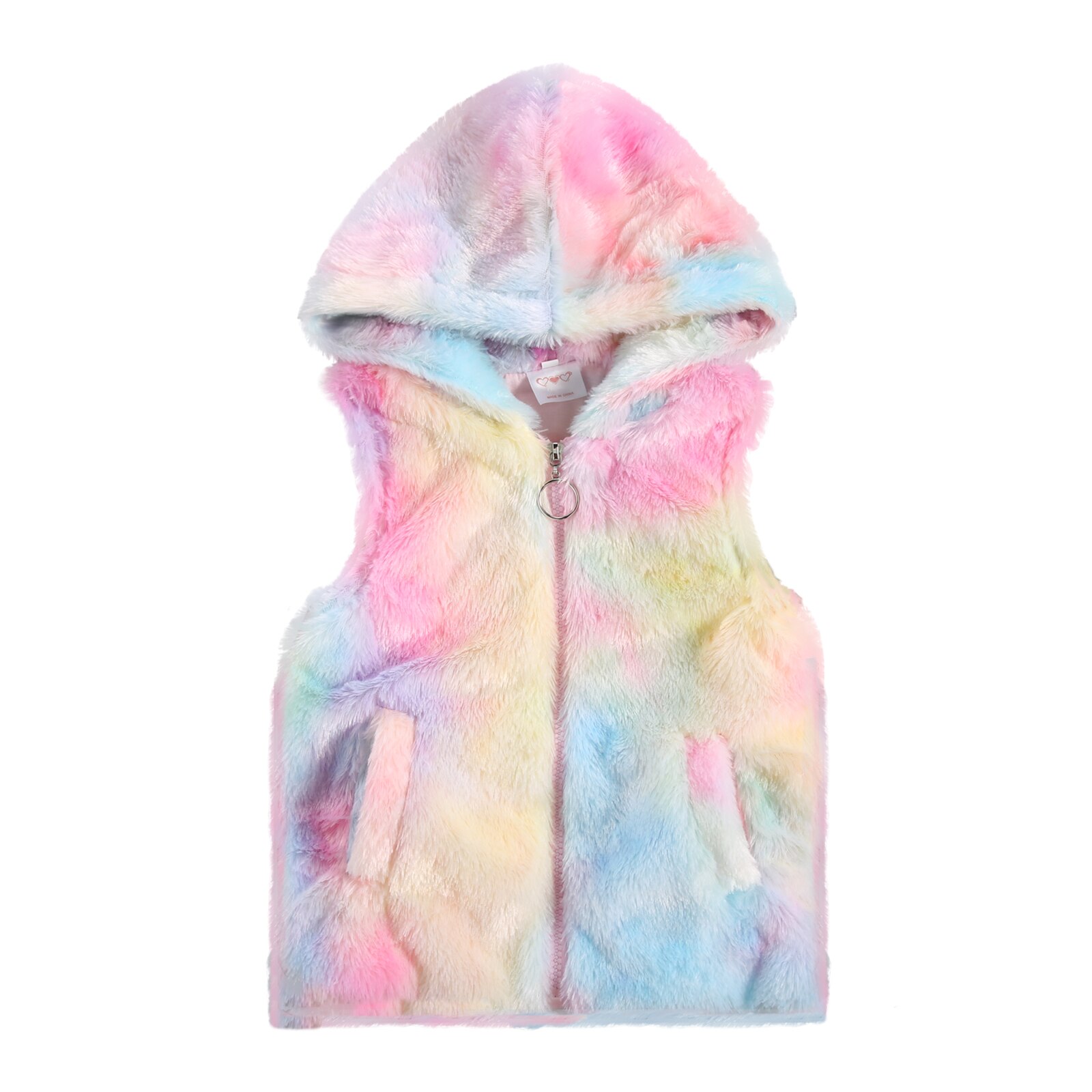 Colorful Girl's Plush Hooded Vest Sleeveless Zipper Hooded Collar with Two Pockets for Winter and Late Autumn: 3T