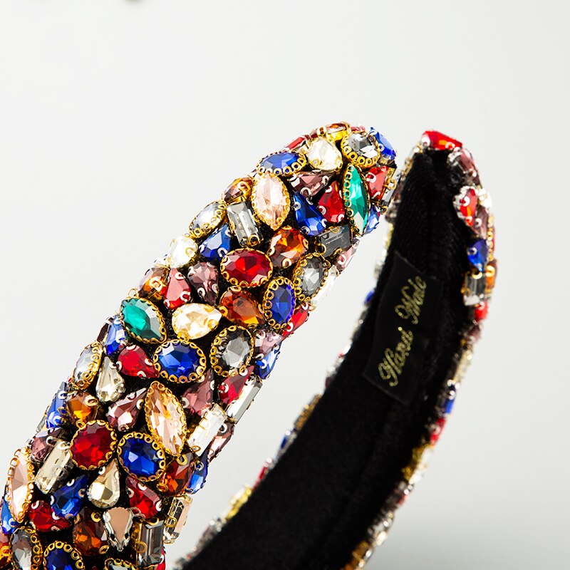 Prachtige Catwalk Kleurrijke Crystal Brede Hoofdband Voor Vrouw Overdreven Geometrische Rhonestone Spons Haarband Vrouw Party Hoofddeksel