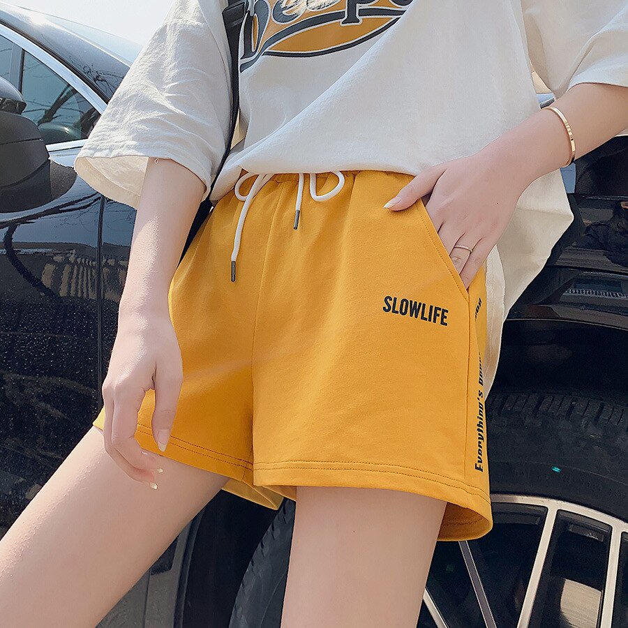 cotton women sport shorts loose quickly dry sweatpants running jogging fitness gym workout exercise casual shorts sportswear: yellow / S