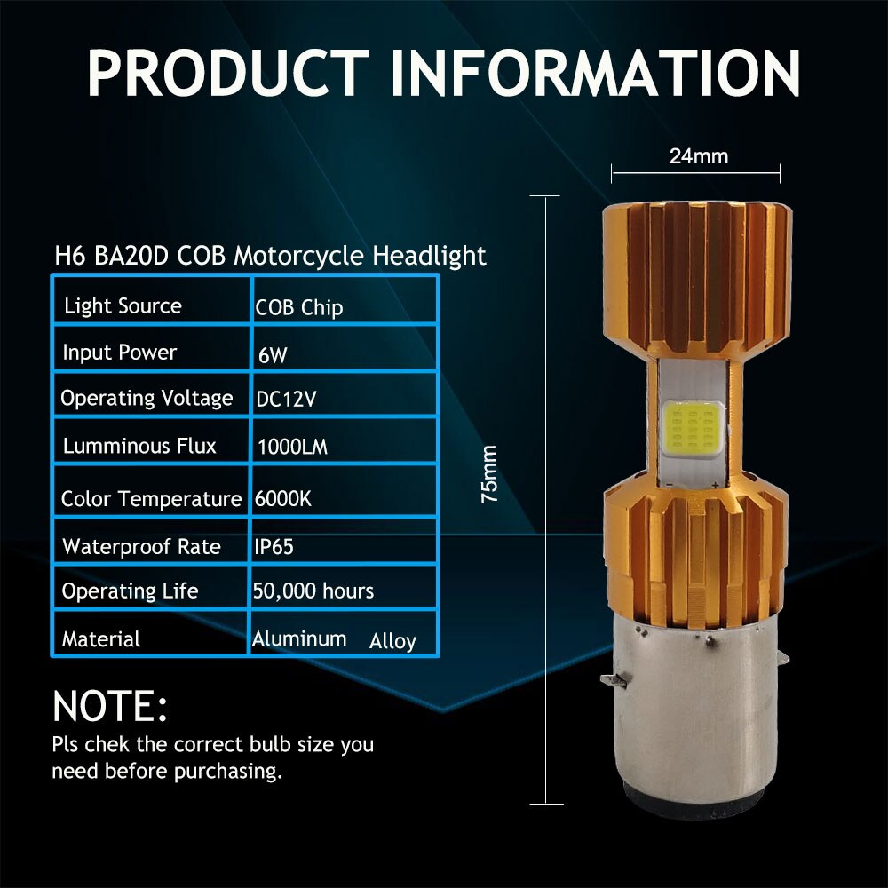 1Pcs BA20D H6 H4 Lampen Motorfiets Koplamp Hi Lo Beam Moto Led Motor Scooter Atv Cob Koplamp 6000K wit 12V 1200LM