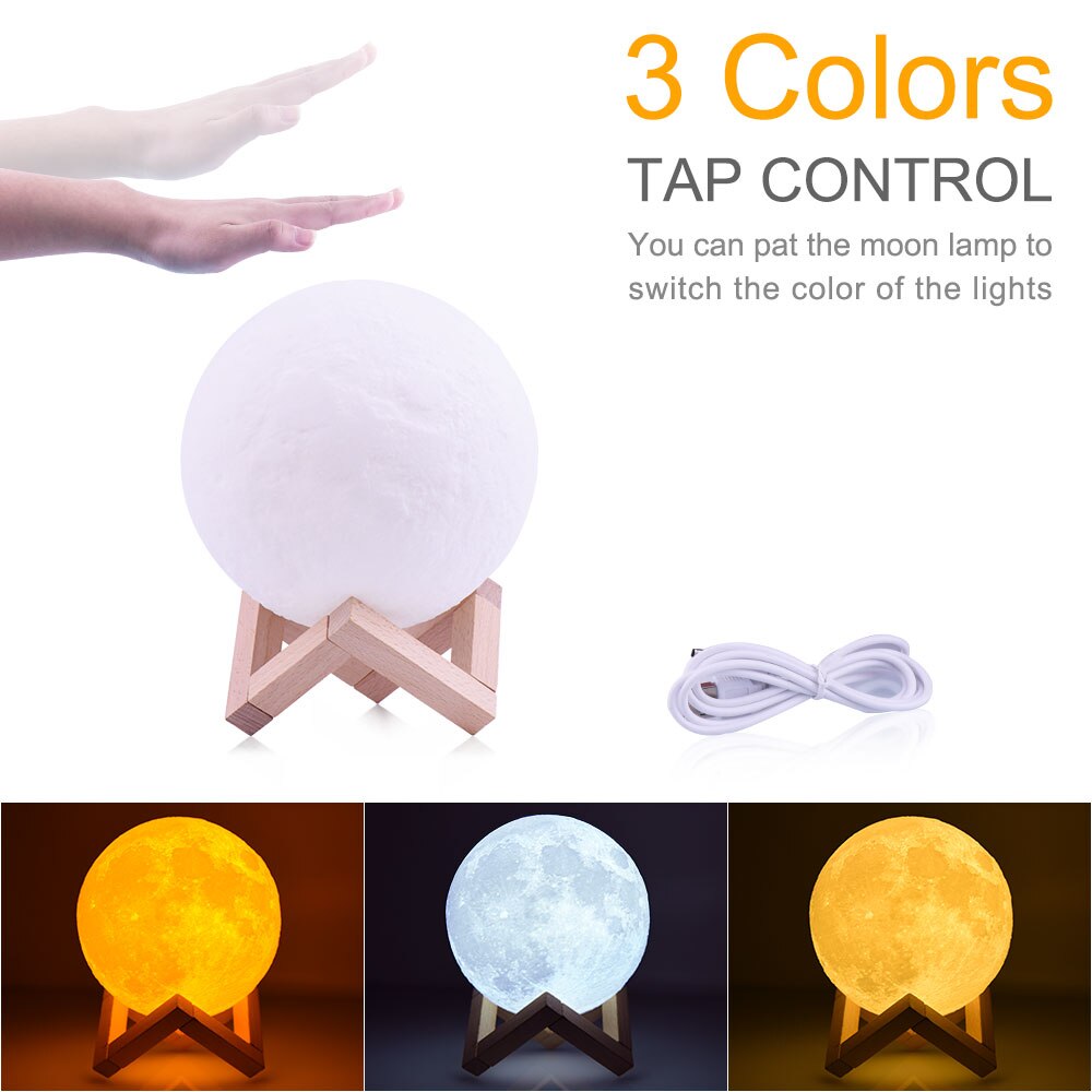 Rambery Maan Lamp 3D Print Nachtlampje Oplaadbare 3 Kleur Kraan Controle Lamp Verlichting 16 Kleuren Veranderen Afstandsbediening Led Maan licht: 3 colors Tap / Moon 15cm