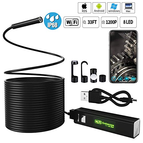 Caméra d'inspection étanche IP68, Endoscope USB Wifi 1200P avec câble Flexible Semi-rigide pour Smartphone, sans fil