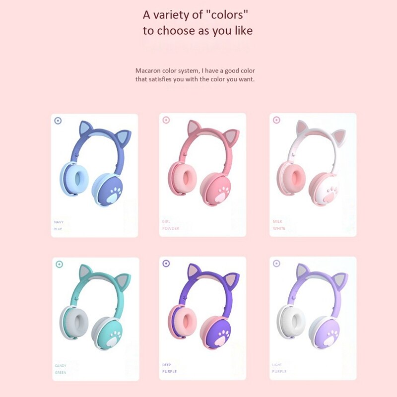Cat Headset with Mic Kids Bluetooth 5.0 Cute LED Light Noise Stereo