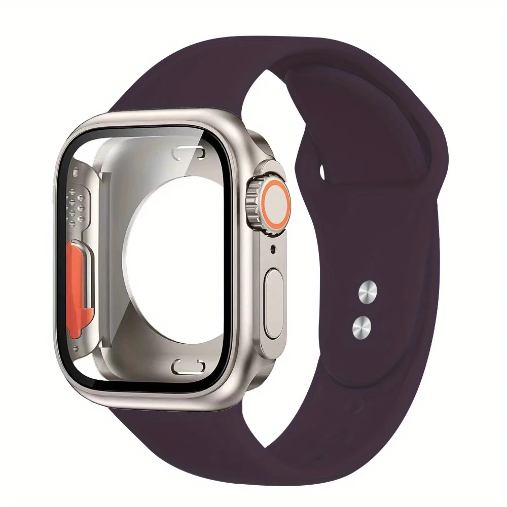 Silicone Band+Case For Apple Watch 40/44/41/45mm 46mm 49mm Breathable Strap with Tempered Glass Cover iWatch Series 10/9/8/7/6/5: silver / 4 - 6.9 Inches