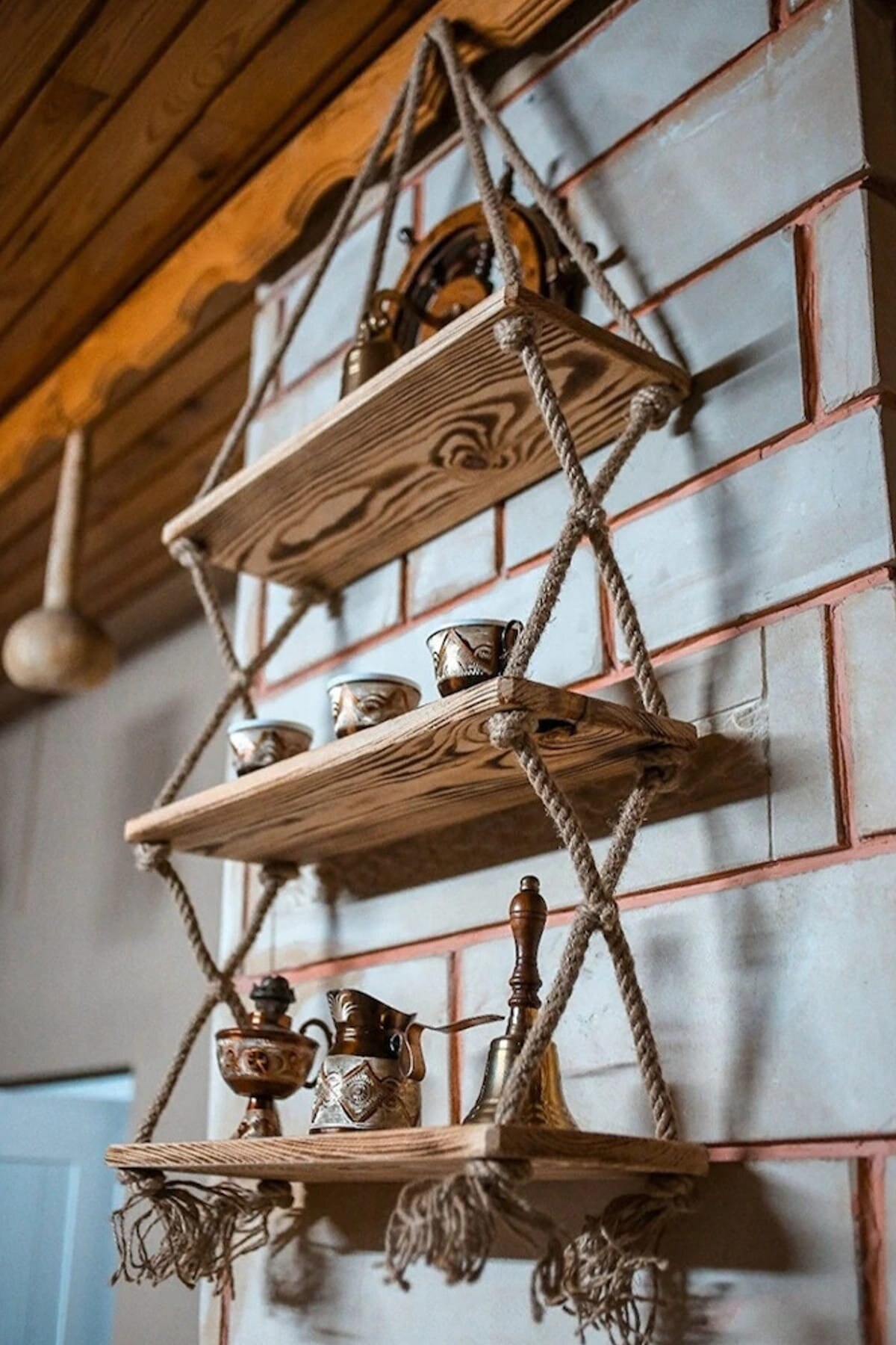 Bibliothèque d'étagère de corde de 3 pièces de processus fait sur commande de décorative en bois