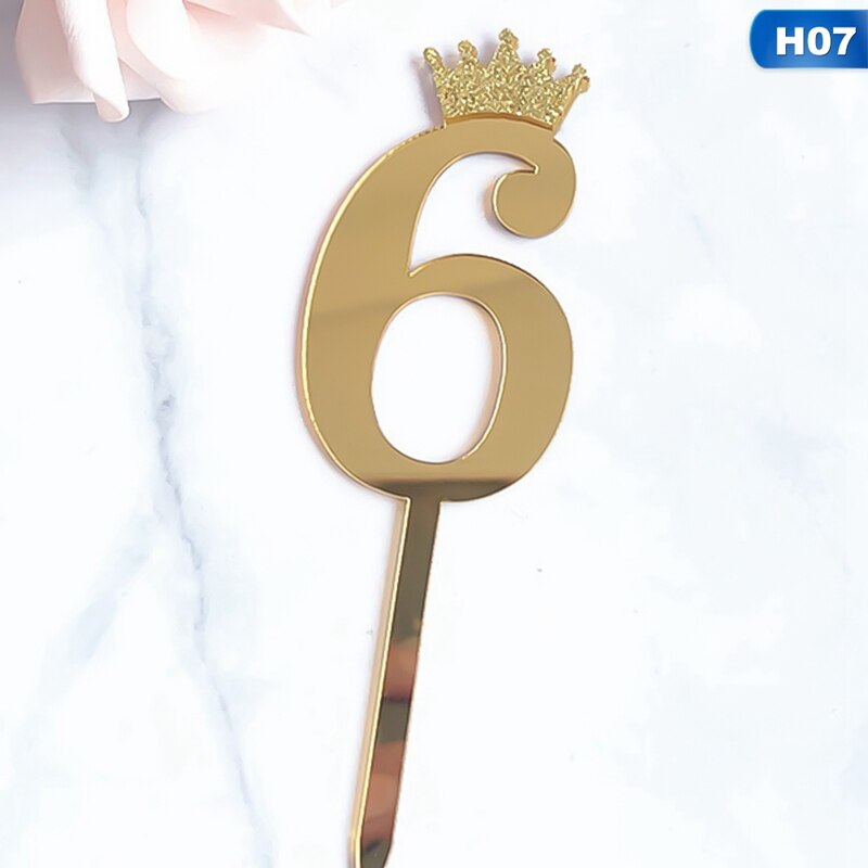 0-9 Numbers Cake Toppers Happy Birthday Cute Crown Number Cake Flag Acrylic Cupcake Topper Birthday Party Cake Decoration Topper: 07