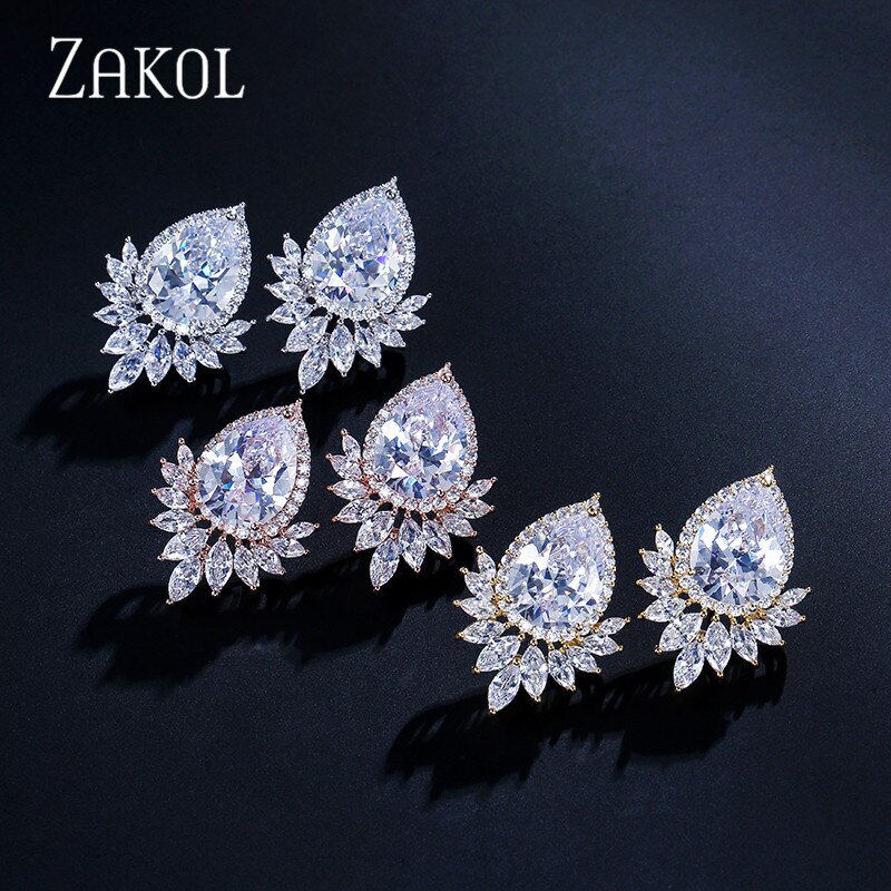 ZAKOL Romantico lacrima cubo Zirconia Bianco colore Orecchini con Perno del Foglio di Modo Da Cerimonia Nuziale Brincos Gioielli per Le Donne FSEP2009