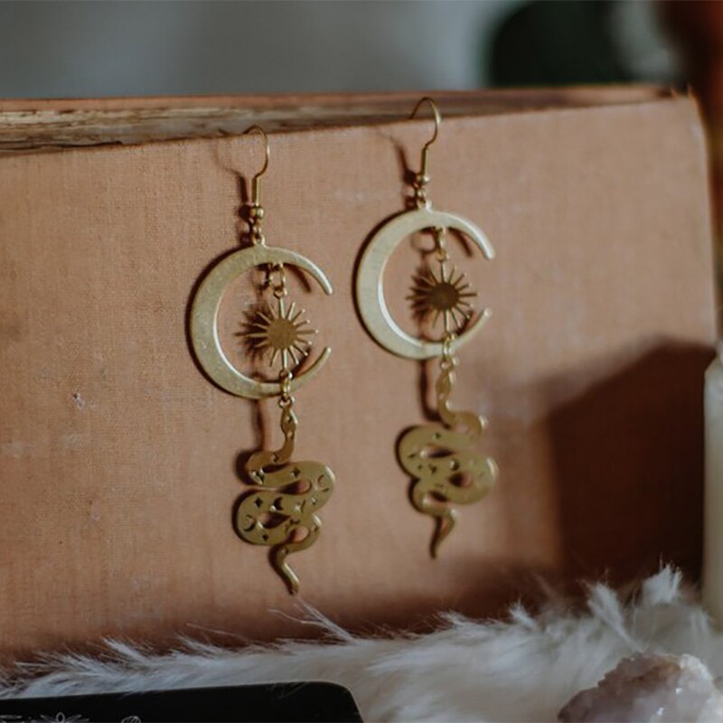 Celestial snake Crescent moon earrings Snake jewelry Witch earrings Enchanted jewellery Unusual Long earrings Witchy vibes