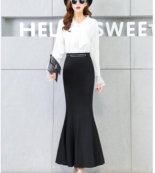 Falda de sirena larga para mujer, falda de trompeta a la cadera, , con cinturón gratis, 2XL talla grande, color negro, Vintage, Primavera: M