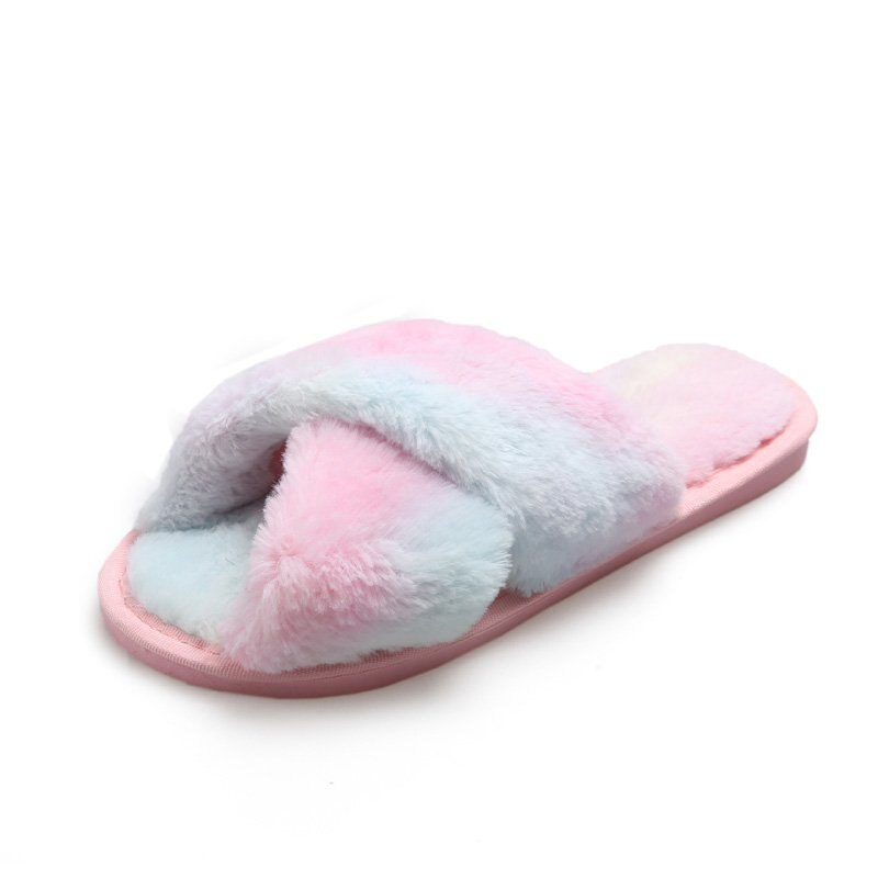 Multi-color Women Fluffy Slipper Shoes Winter Cross-tie Plush Slippers Flat Shoes Warm Faux Fur Slipper Home Ladies Shoes: color 3 / 38-39
