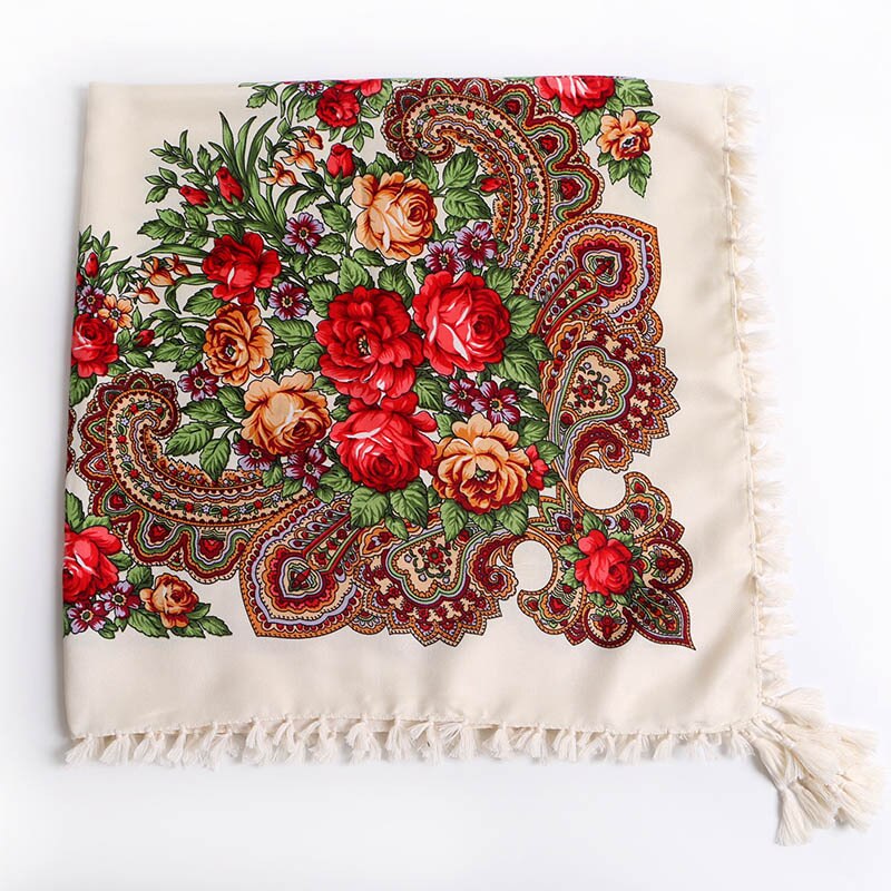 90*90cm châles russes pour femmes, écharpes nationales en coton imprimé, foulards russes rétro à franges, bandanas, pashminas d'hiver pour dames: 18