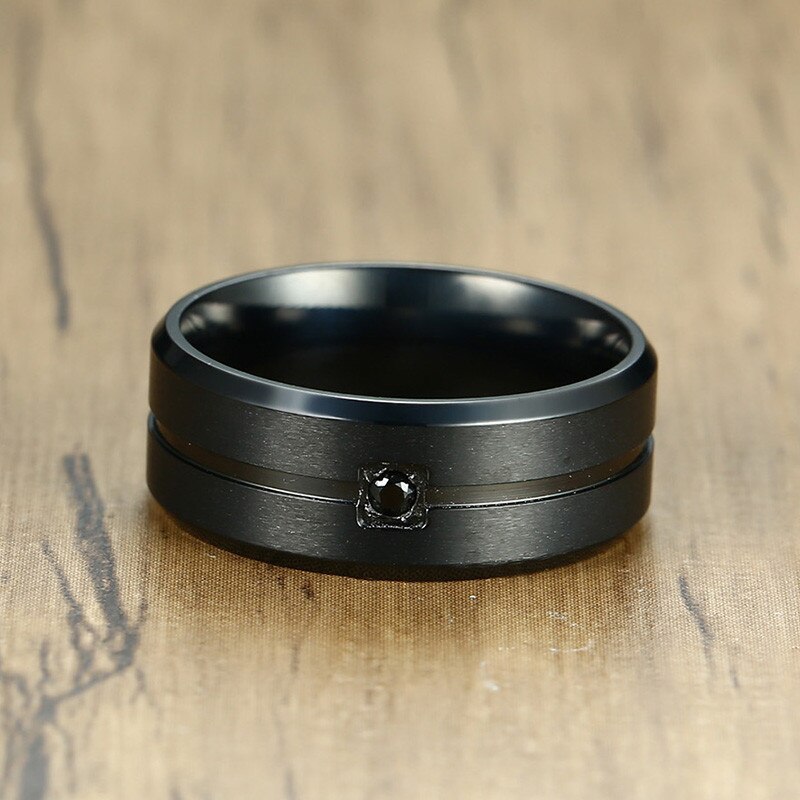 Kotik 8Mm Black Wedding Band Roestvrij Staal En Vierkante Bezel Cz Gegroefde Inlay Mannen Ring Comfort Fit Afgeschuinde Mannelijke sieraden
